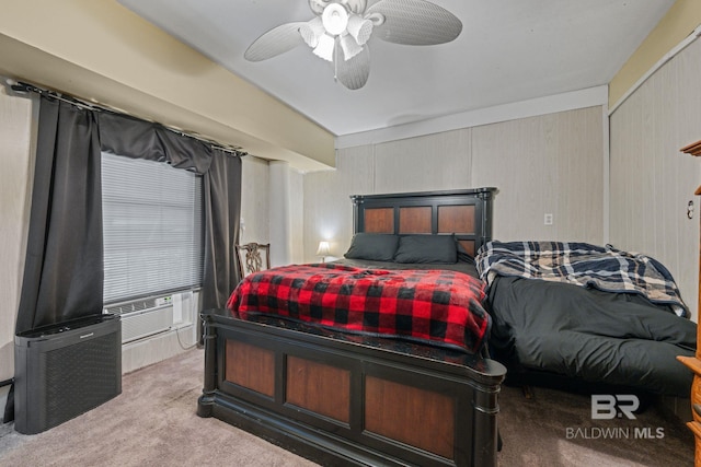 bedroom featuring light carpet and ceiling fan