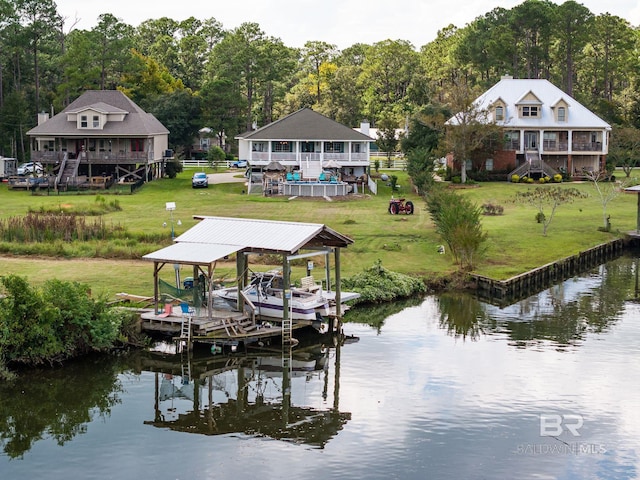 view of dock with a lawn and a water view