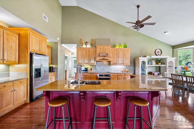 16288 Ferry Rd, Fairhope, AL 36532 - kitchen with a sink, high vaulted ceiling, stainless steel appliances, a ceiling fan, and dark wood-type flooring