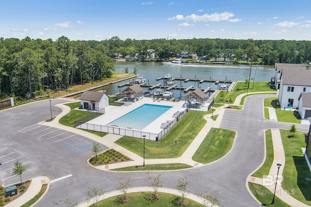 drone / aerial view with a water view