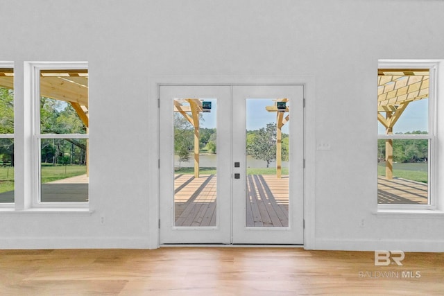 entryway featuring baseboards, wood finished floors, and french doors