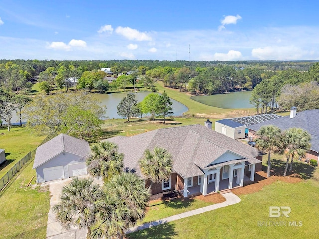 bird's eye view with a water view