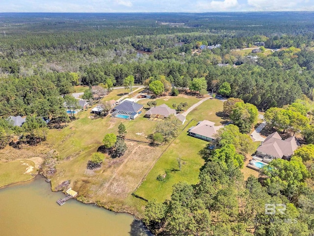 aerial view with a water view and a view of trees