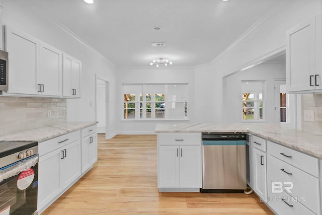 kitchen with ornamental molding, white cabinets, a peninsula, and appliances with stainless steel finishes