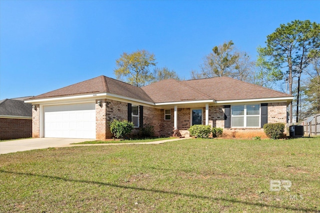 single story home with brick siding, an attached garage, a front lawn, cooling unit, and driveway
