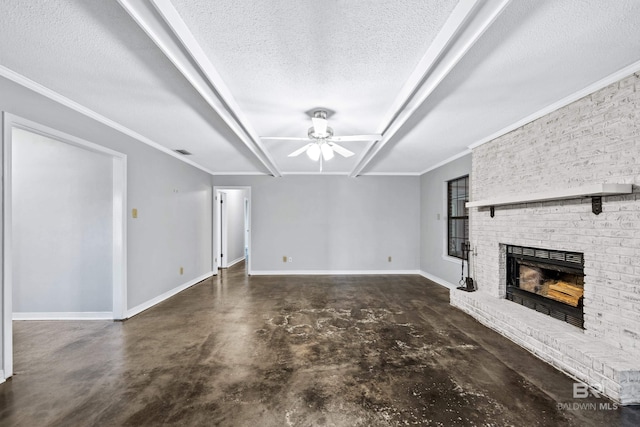 unfurnished living room featuring a textured ceiling, a brick fireplace, crown molding, and ceiling fan