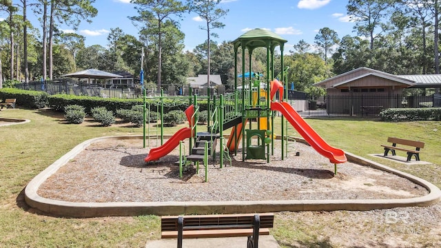 view of jungle gym with a yard