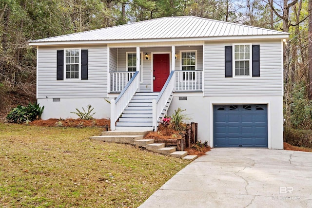 view of front facade featuring a garage, covered porch, and a front lawn