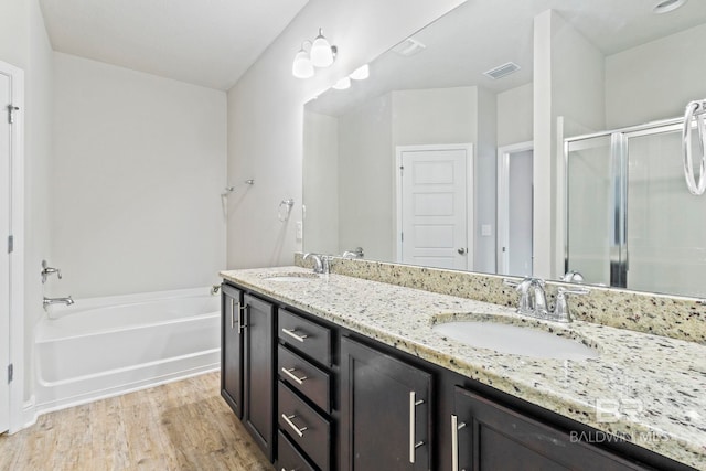 bathroom featuring vanity, independent shower and bath, and wood-type flooring