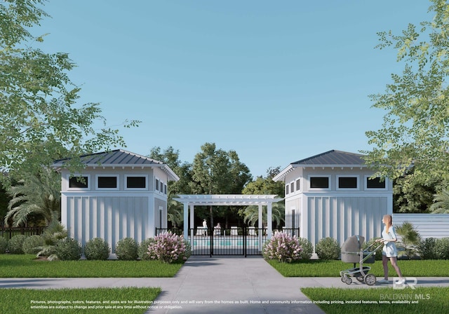 view of community featuring a swimming pool, fence, and a pergola