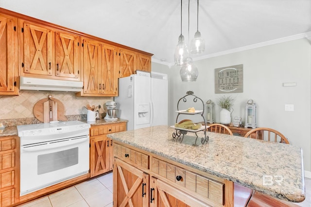 196 Jernigan Rd, Brewton, AL 36426 - kitchen with white appliances, under cabinet range hood, crown molding, tasteful backsplash, and a center island