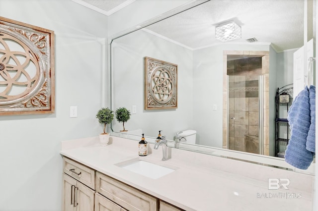 196 Jernigan Rd, Brewton, AL 36426 - bathroom with crown molding, a shower stall, vanity, and a textured ceiling