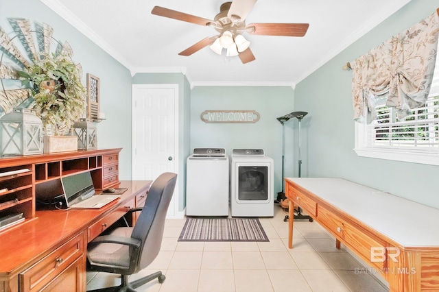 196 Jernigan Rd, Brewton, AL 36426 - office area featuring separate washer and dryer, ornamental molding, ceiling fan, and light tile patterned floors
