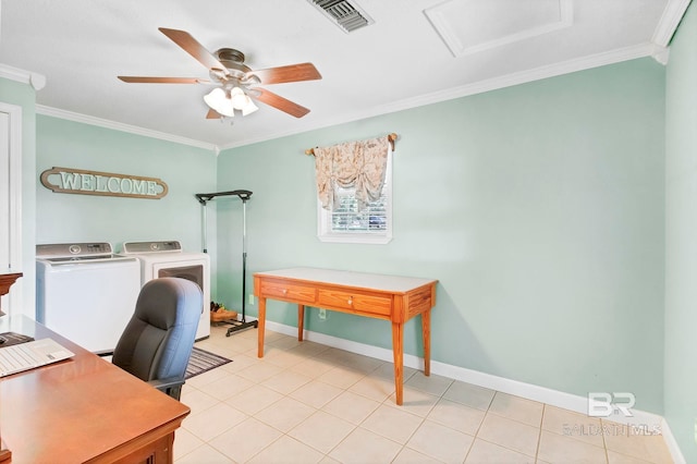 196 Jernigan Rd, Brewton, AL 36426 - office space featuring washing machine and dryer, ornamental molding, a ceiling fan, attic access, and baseboards