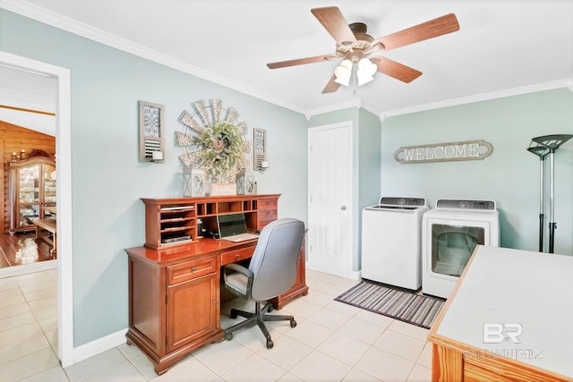 196 Jernigan Rd, Brewton, AL 36426 - office space with washer and dryer, crown molding, light tile patterned floors, a ceiling fan, and baseboards
