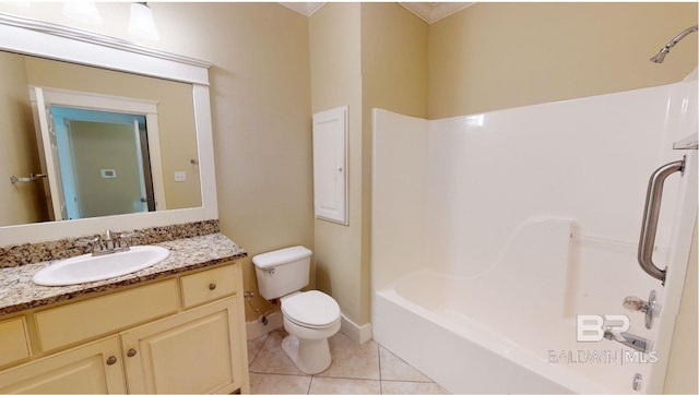 full bathroom featuring toilet, tile patterned flooring, shower / bath combination, and vanity