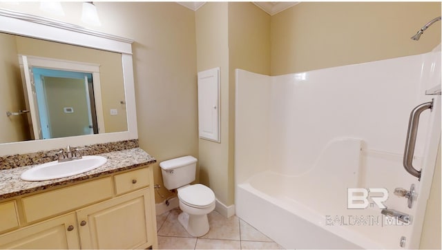 full bathroom with bathing tub / shower combination, tile patterned flooring, vanity, and toilet