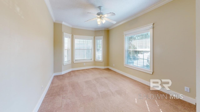 spare room with light carpet, ornamental molding, and ceiling fan