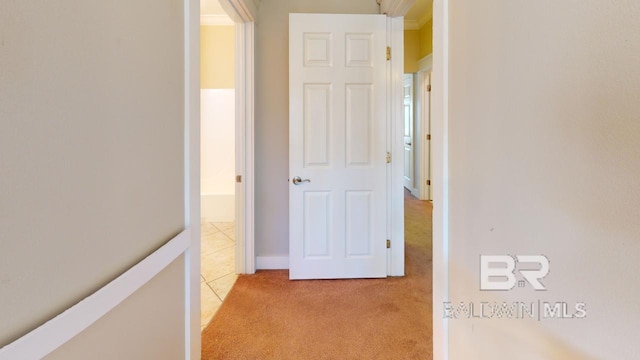 corridor featuring light colored carpet