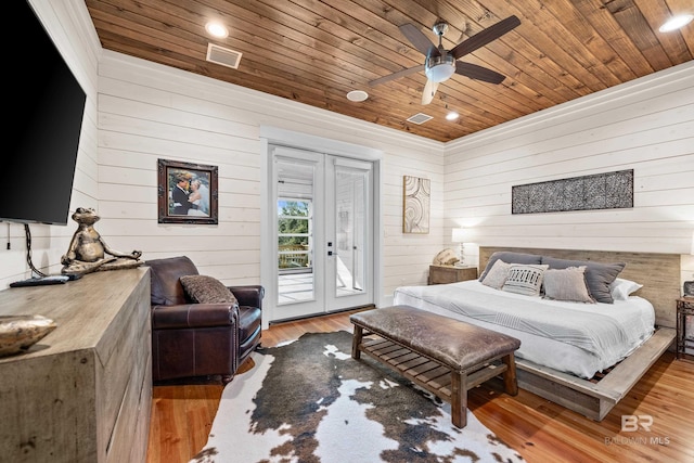 bedroom featuring wooden ceiling, access to exterior, visible vents, and french doors