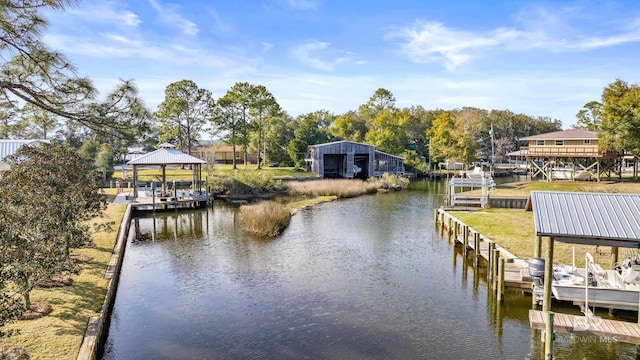 dock area featuring a water view and a gazebo