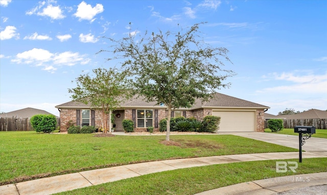 ranch-style house featuring a garage and a front yard