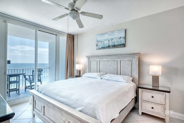 bedroom with access to outside, baseboards, a ceiling fan, and light tile patterned flooring