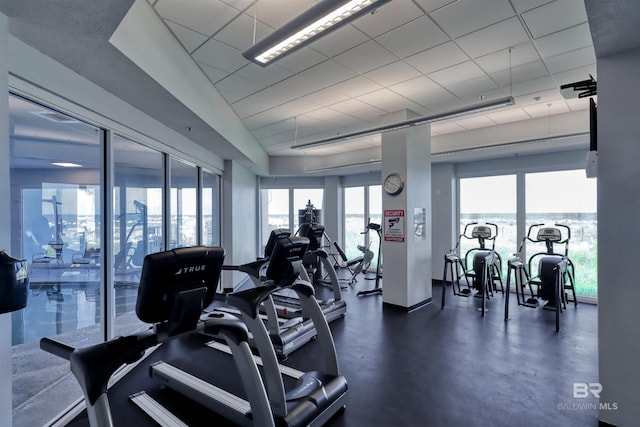 workout area featuring a paneled ceiling