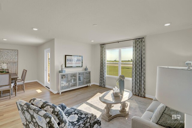 living area featuring recessed lighting, baseboards, and wood finished floors