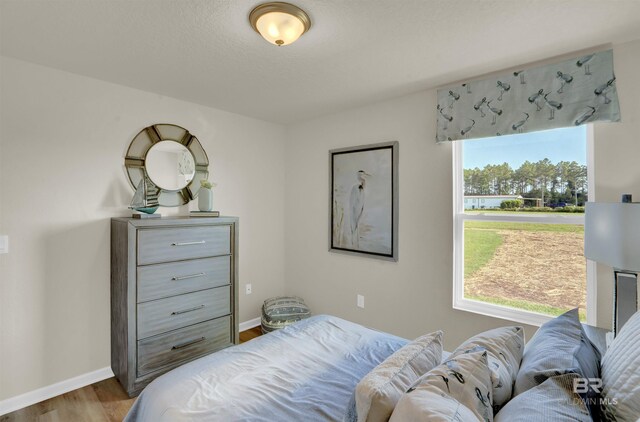 bedroom featuring baseboards, wood finished floors, and multiple windows