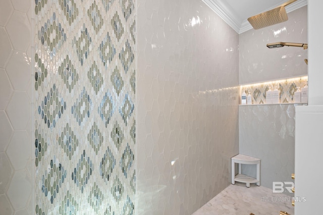 30471 Harbour Dr, Orange Beach, AL 36561 - full bathroom with tile walls, walk in shower, and ornamental molding