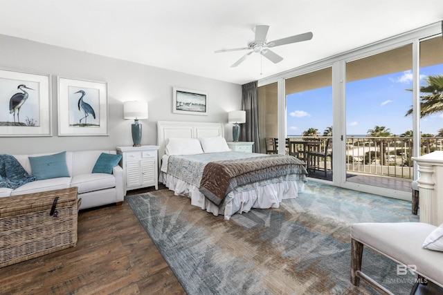 28105 Perdido Beach Blvd Unit C-314, Orange Beach, AL 36561 - bedroom featuring access to outside, a ceiling fan, dark wood finished floors, and floor to ceiling windows