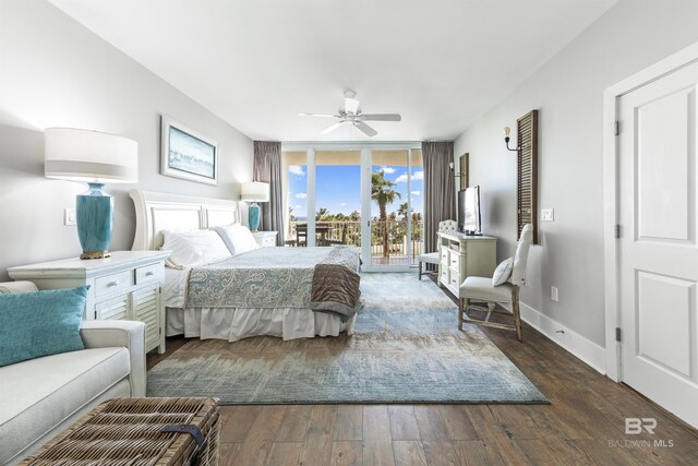 28105 Perdido Beach Blvd Unit C-314, Orange Beach, AL 36561 - bedroom with wood finished floors, a wall of windows, baseboards, access to exterior, and ceiling fan