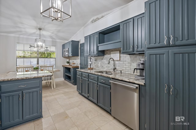 kitchen with sink, ornamental molding, blue cabinetry, pendant lighting, and dishwasher