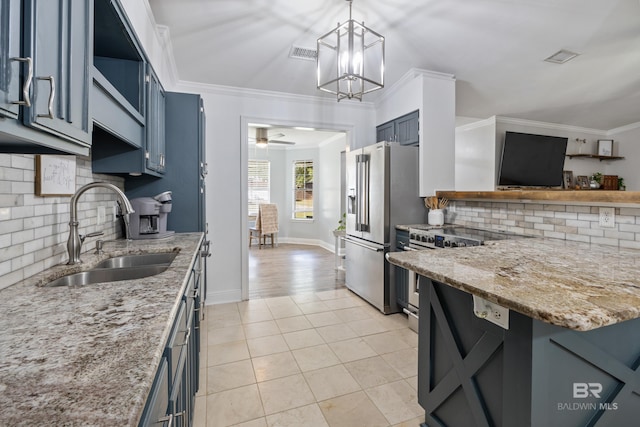 kitchen with sink, crown molding, backsplash, and blue cabinets