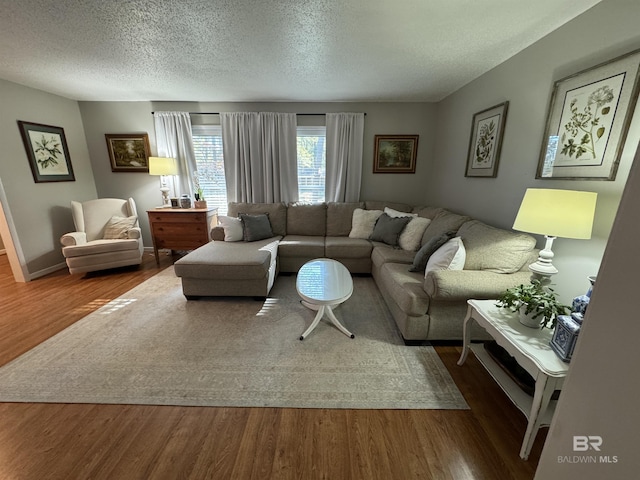 living room featuring a textured ceiling, baseboards, and wood finished floors