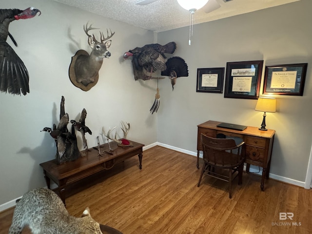 interior space featuring ceiling fan, a textured ceiling, baseboards, and wood finished floors