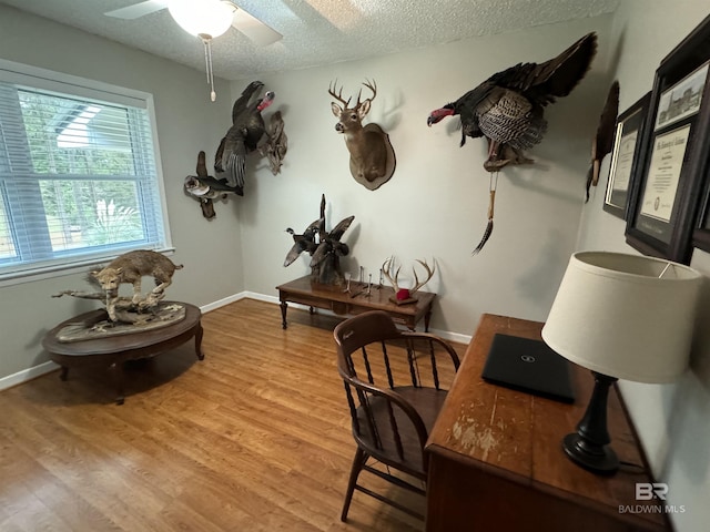 interior space featuring a ceiling fan, a textured ceiling, baseboards, and wood finished floors
