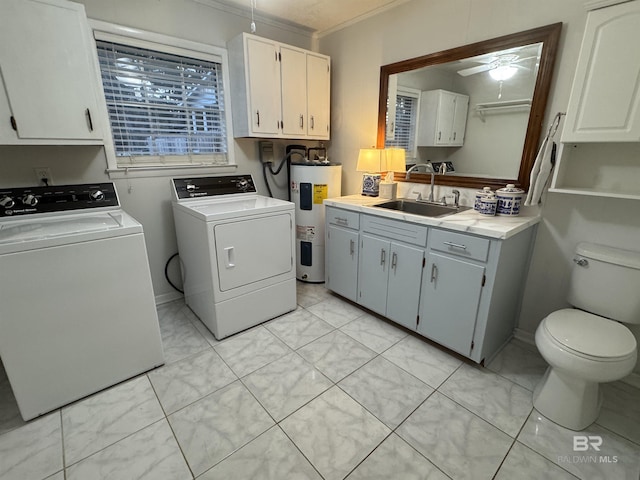 washroom featuring washer and clothes dryer, a ceiling fan, electric water heater, a sink, and laundry area