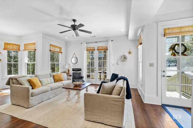 25773 Canal Rd Unit 28, Orange Beach, AL 36561 - living room with dark wood finished floors, a wealth of natural light, and ceiling fan