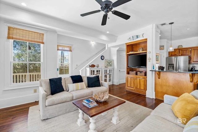 25773 Canal Rd Unit 28, Orange Beach, AL 36561 - living room with visible vents, a ceiling fan, dark wood-style floors, recessed lighting, and stairs