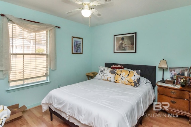 bedroom featuring ceiling fan and light wood-type flooring