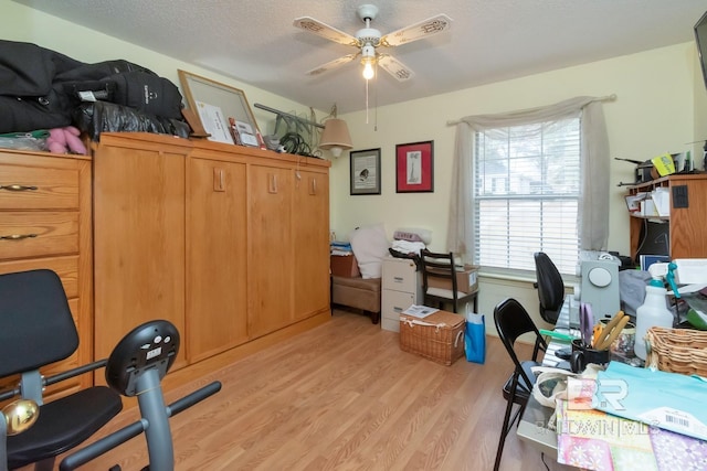 home office with ceiling fan, light hardwood / wood-style flooring, and a textured ceiling