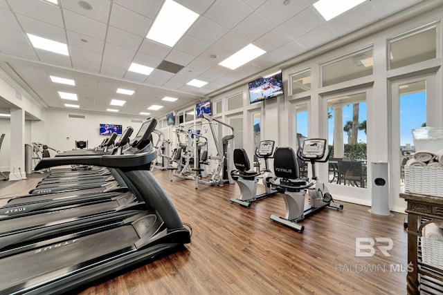 gym with a drop ceiling and wood finished floors