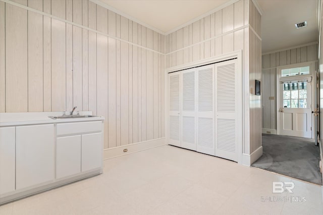 interior space featuring a closet, ornamental molding, wooden walls, and sink