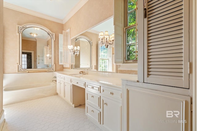 bathroom with a bathtub, tile patterned floors, vanity, and ornamental molding