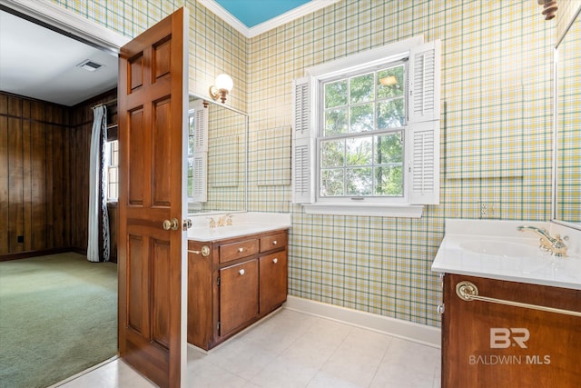 bathroom featuring wood walls, ornamental molding, and vanity