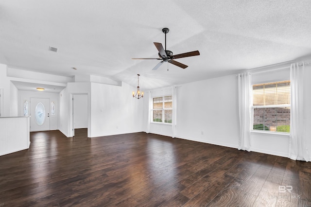 unfurnished living room with lofted ceiling, wood finished floors, visible vents, a textured ceiling, and ceiling fan with notable chandelier