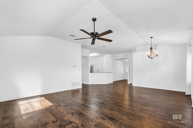 unfurnished living room with lofted ceiling, visible vents, and ceiling fan with notable chandelier