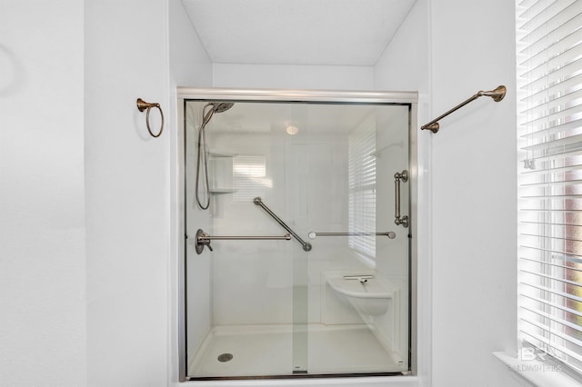 full bathroom with a shower stall and a healthy amount of sunlight